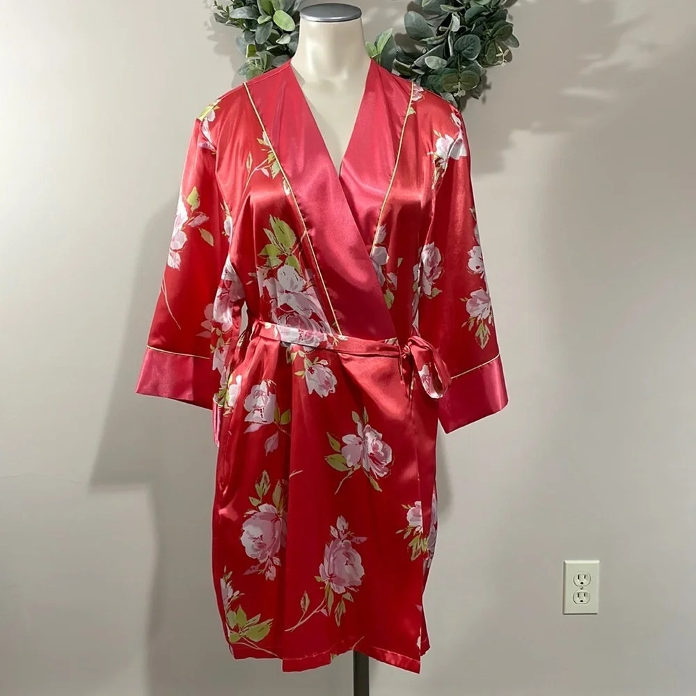 Jones New York Coral Satin Floral Robe Kimono Pockets S/M